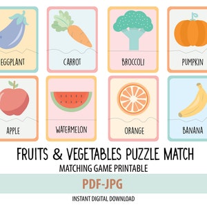 Fruits and Vegetables Puzzle Match Educational Flashcards PDF JPG