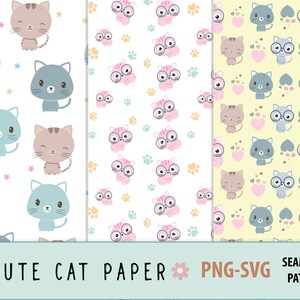 3 Cat Seamless Digital Paper - Cute Cats Pattern PNG SVG
