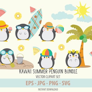 Kawaii Summer Penguin Bundle by ItsWendysday - Clipart plażowy - Clipart tropikalny - Sublimacja - Natychmiastowe pobranie