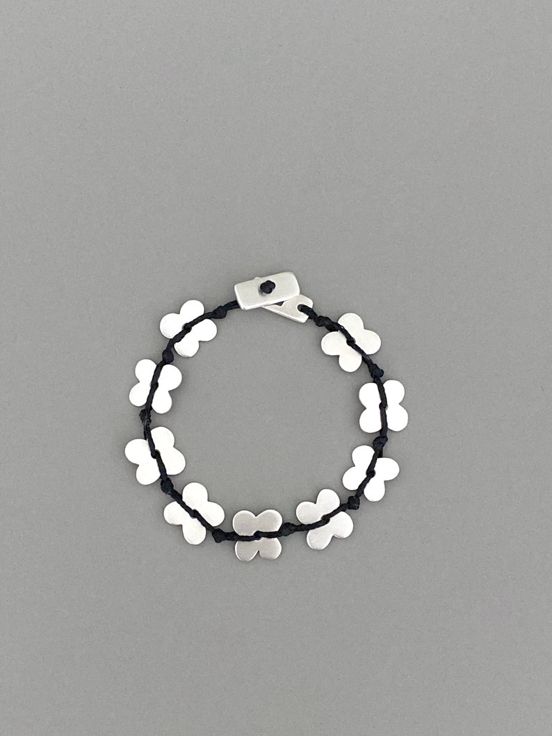 Original Design Stacking Gift Silver Bracelet Silver Flowers with Black Waxed Cord Layering Every Day Wear Handmade Women Bracelet