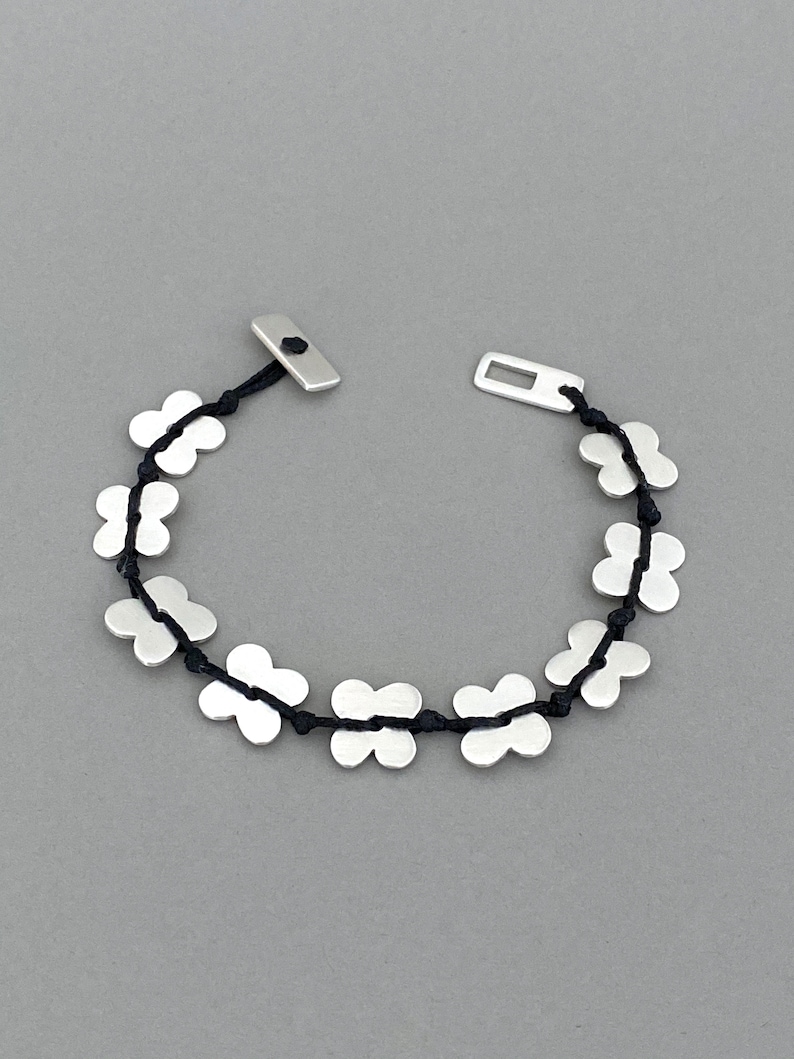 Original Design Stacking Gift Silver Bracelet Silver Flowers with Black Waxed Cord Layering Every Day Wear Handmade Women Bracelet