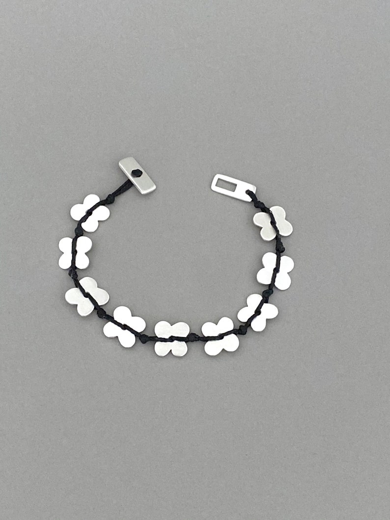 Original Design Stacking Gift Silver Bracelet Silver Flowers with Black Waxed Cord Layering Every Day Wear Handmade Women Bracelet