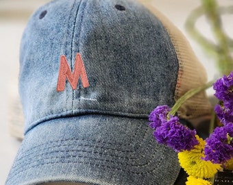 Initial Hat | Mesh Back Hat | Daisy Style | Women Hat | Mothers Day Gift | Birthday Gift | Ponytail Style | Grandmas Gift | Denim Hats
