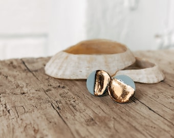 Aqua Blue Circle Stud Earrings, Gold Stud Earrings, Minimal Earrings, Simple Earrings, Everyday Earrings, Ceramic Jewellery, Blue Studs