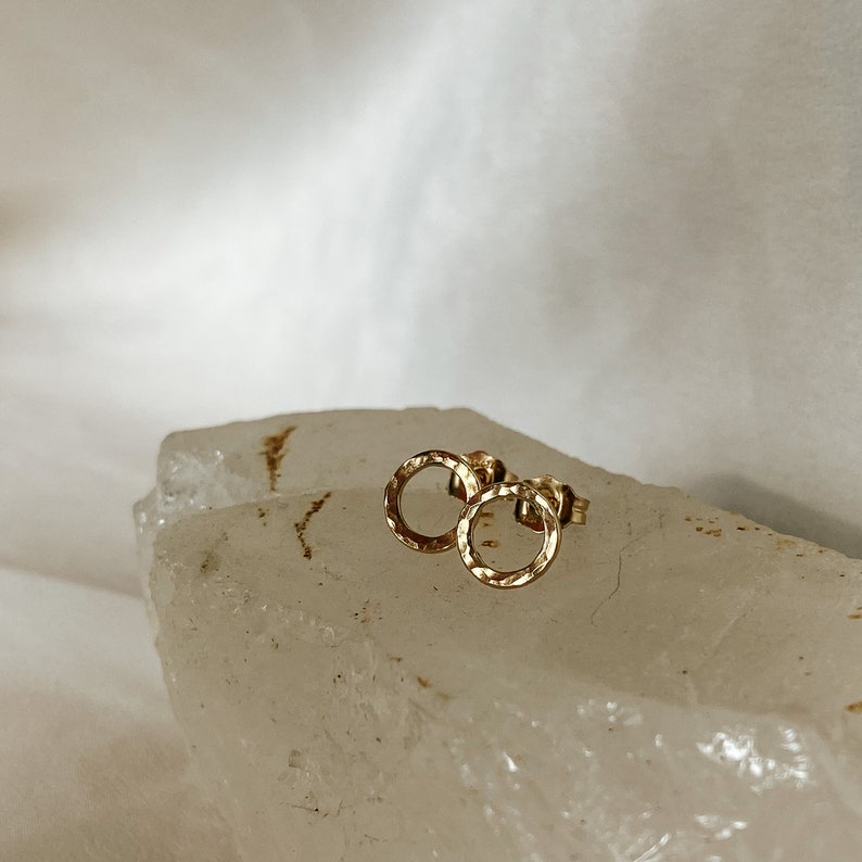 Textured Dainty Open Circle Stud Earrings in 14k Gold Fill Hand Finished with Inspiration from the Sunlit Waters of Southern France image 7