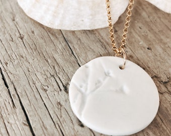 One-of-a-Kind Dainty Porcelain Necklace - Matte White and Gold Wildflower Print with 14K Gold-Filled Chain, Perfect for Nature Lovers