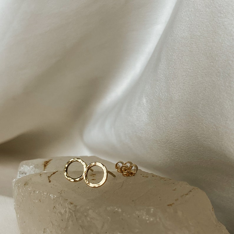 Textured Dainty Open Circle Stud Earrings in 14k Gold Fill Hand Finished with Inspiration from the Sunlit Waters of Southern France image 8