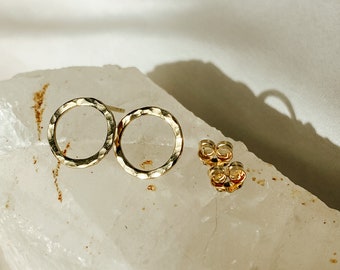 Hand-Textured 14k Gold Filled Open Circle Stud Earrings - Inspired by the Magic of Southern France's Lakes - Minimal Jewellery Design