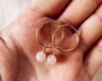 Ethical rose quartz hoop earrings, crystal earrings, pink gemstone earrings, dainty earrings, friendship jewellery, self care gift