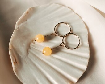 Upcycled citrine hoop earrings, november birthstone, gemstone charm earrings, upcycled gemstone jewellery, pale yellow earrings, gold hoops