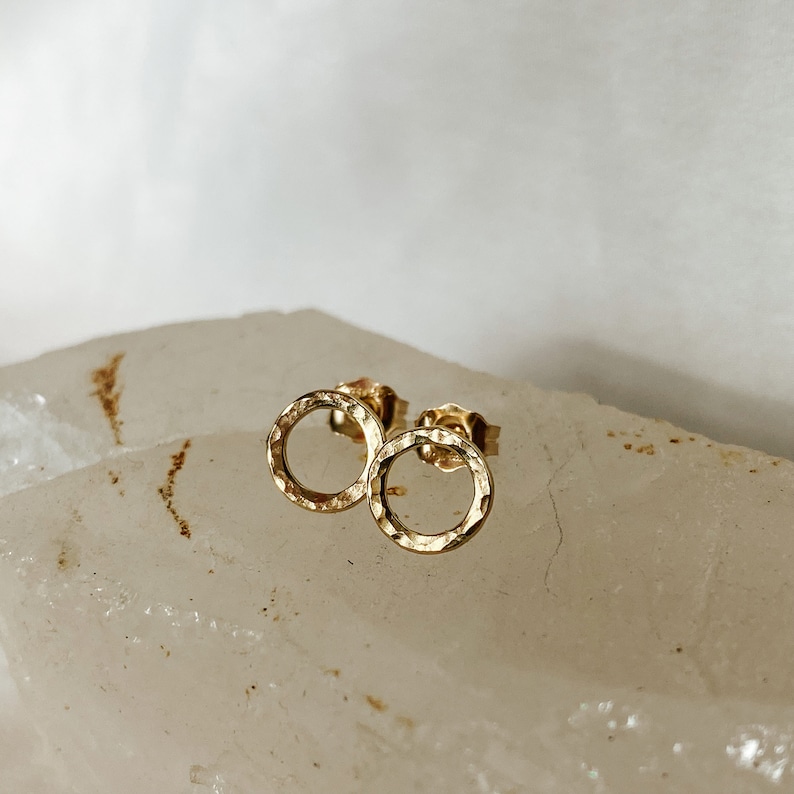 Textured Dainty Open Circle Stud Earrings in 14k Gold Fill Hand Finished with Inspiration from the Sunlit Waters of Southern France image 1