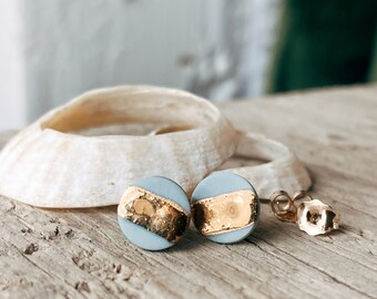 Coastal Blue and Gold Stud Earrings Handmade with Porcelain. Minimal Textured Design. Inspired by the Sun Beams Reflecting on the Ocean.