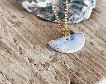 Dainty indigo marbled half moon pendant necklace, 14k gold filled 18" chain, perfect for layering, ocean inspired jewellery gift