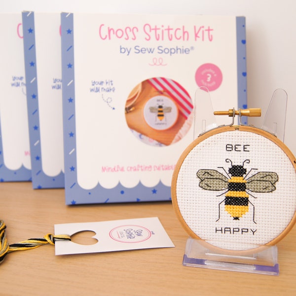 Bee Happy - Mini Beginners Cross Stitch Kit with 3" Embroidery Hoop