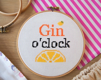 Gin o'clock Cross Stitch Kit - Craft Gift for Beginners - Gin Lover