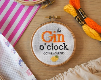 Gin O'Clock Beginners Cross Stitch Kit (includes 3 inch hoop)