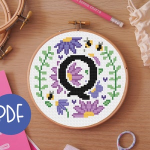 Letter Q - Floral A-Z Digital Cross Stitch Pattern - Alphabet