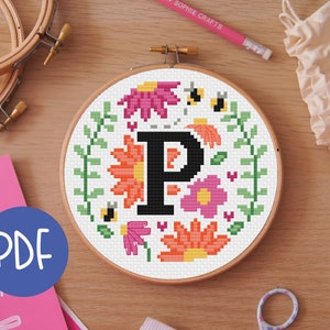 Letter P - Floral A-Z Digital Cross Stitch Pattern - Alphabet