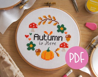 Autumn is Here Pumpkin Cross Stitch Pattern PDF Printable Download