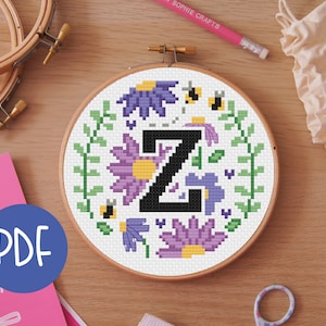 Letter Z - Floral A-Z Digital Cross Stitch Pattern - Alphabet