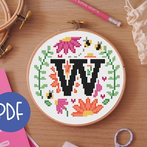 Letter W - Floral A-Z Digital Cross Stitch Pattern - Alphabet