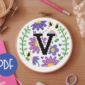 Letter V - Floral A-Z Digital Cross Stitch Pattern - Alphabet