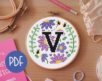 Letter V - Floral A-Z Digital Cross Stitch Pattern - Alphabet