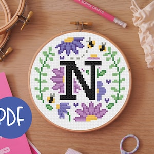 Letter N - Floral A-Z Digital Cross Stitch Pattern - Alphabet