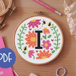 Letter I - Floral A-Z Digital Cross Stitch Pattern - Alphabet