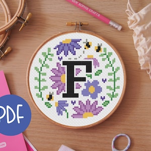 Letter F - Floral A-Z Digital Cross Stitch Pattern - Alphabet