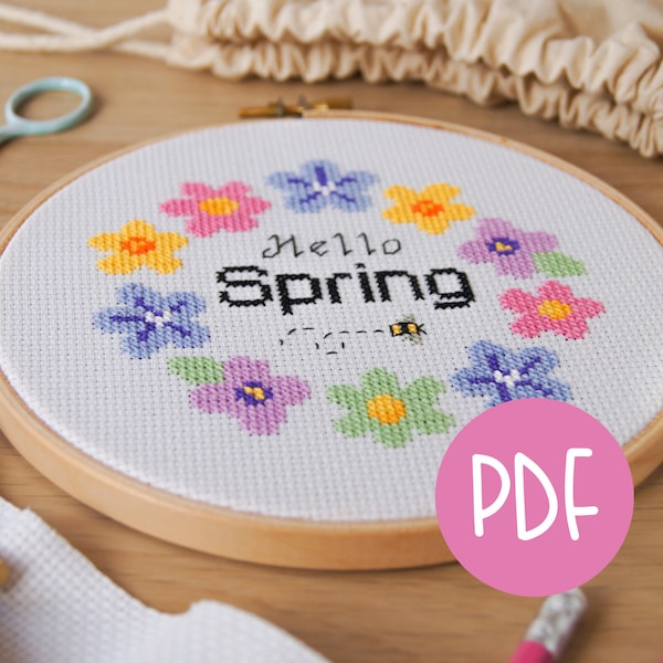 Hello Spring Cross Stitch Pattern - Téléchargement PDF