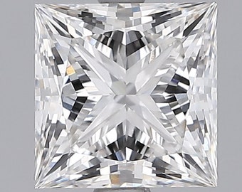 May include: A clear, square-shaped diamond with a brilliant cut. The diamond has a star-like pattern in the center.