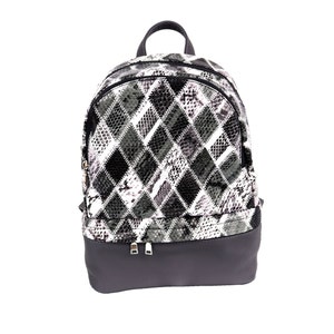 May include: A black and white snakeskin patterned backpack with a black bottom. The backpack has a zipper closure and adjustable straps.