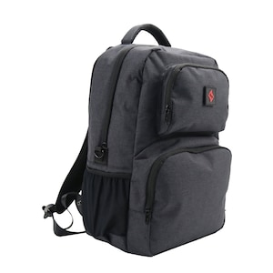 May include: Dark grey backpack with several zipped compartments and a top handle. Includes a small red logo on the front pocket and a black mesh side pocket. Adjustable shoulder straps and a black zip.