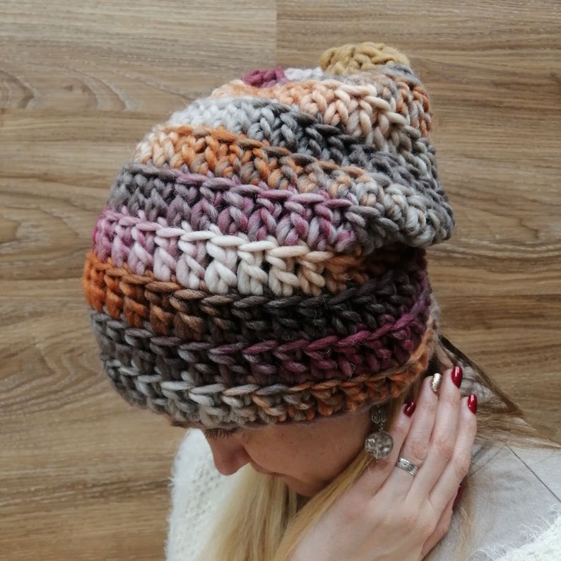 Multicolor Slouchy hat Boho hat Slouchy beanie Cable Knit Beanie Crochet hat Women knit hat,Brown Winter hat Womens gift