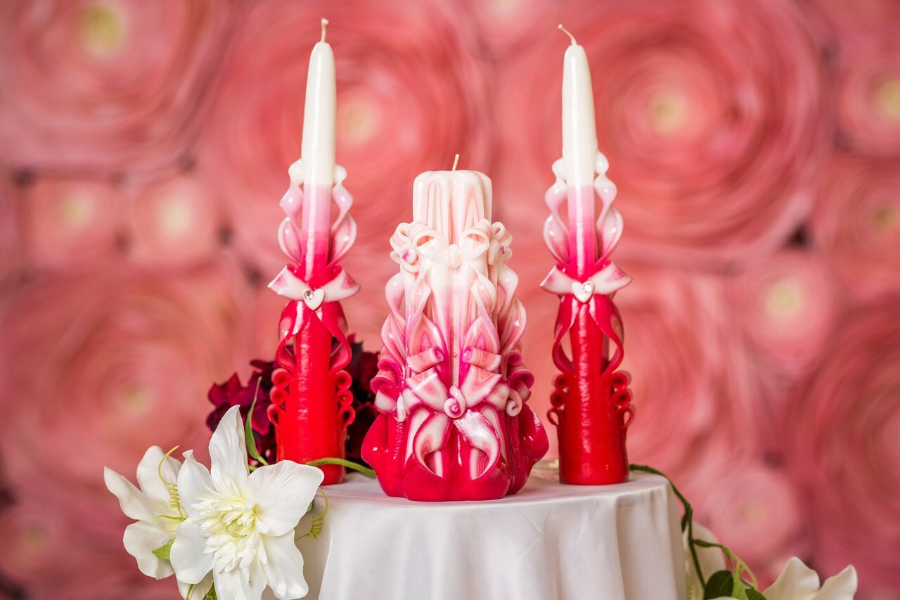 Wedding carved candles set in pink and red .Romantic wedding Etsy