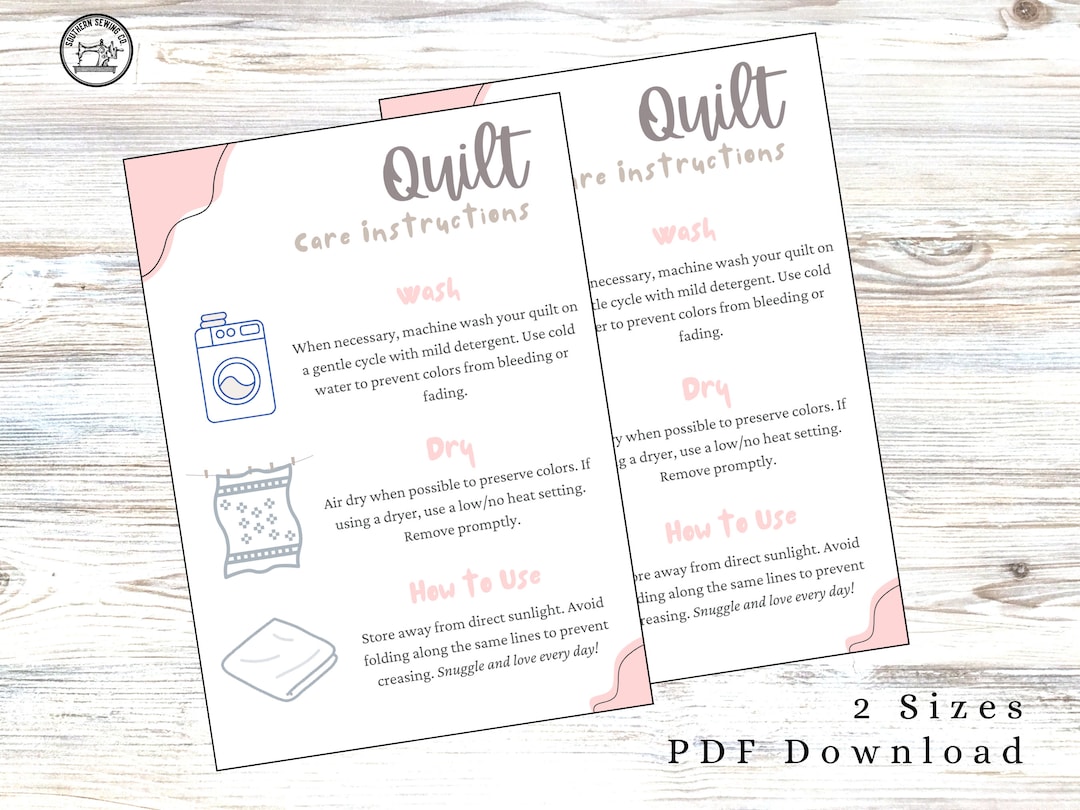 Quilt Care Card Pink Instructions PDF Download 5x7 Mini Size Printable ...