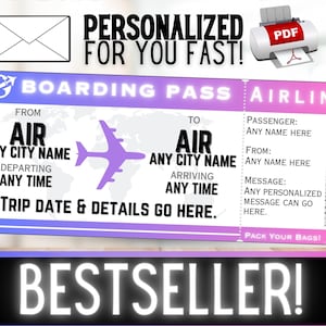 PERSONNALISÉ POUR VOUS Avion Vol Voyage Carte d'embarquement Billet cadeau | Bon cadeau d'idée d'anniversaire pour les vacances de Noël surprise | PDF imprimable