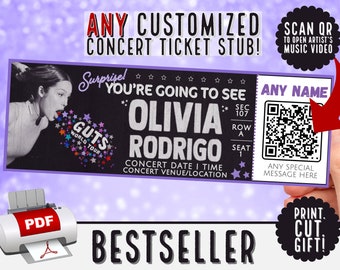 PERSONALISIERTE Konzertticket Stub Geschenk Memorabilia Merch Souvenir | PDF, Drucken, E-Mail | Möglichkeiten, Tickets zum Geburtstag zu verschenken | QR, Surprise Reveal