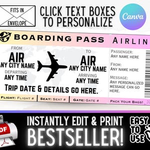 Gifs de cartão de embarque de viagem de passagem aérea personalizada INSTANTÂNEAMENTE EDITÁVEIS | Ideia surpresa de férias de Natal para aniversário | PDF para impressão