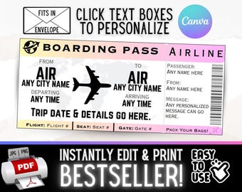 INSTANT EDITABLE Personalized Airplane Flight Ticket Travel Boarding Pass Gifs | Surprise Christmas Vacation Birthday Idea | Printable pdf