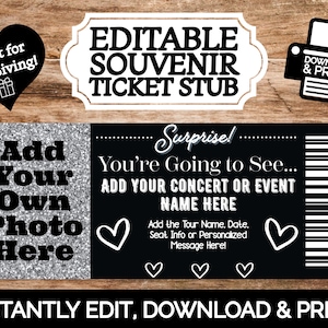 INSTANT EDITIERBARE Konzert- oder Event-Souvenir-Eintrittskarte zum Verschenken einer Erfahrung | Bearbeiten & Drucken | Druckbare Vorlage Surprise Reveal EASY to do!