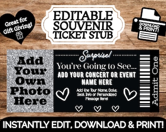 INSTANT EDITABLE Concert or Event Souvenir Ticket Stub to Gift an Experience | Edit & Print | Printable Template Surprise Reveal EASY to do!