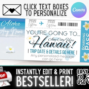 SOFORT BEARBEITBAR Personalisierte HAWAII Reise Bordkarte Ticket Geschenk | Überraschung Weihnachten Urlaub Geburtstag Idee | Irgendeine Insel druckbare pdf