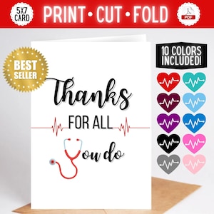 Carte de remerciement médicale vierge à imprimer | Imprimer le pdf Papier standard, téléchargement immédiat | Médecin, Infirmière d'hôpital, Accouchement | Rouge 10 couleurs