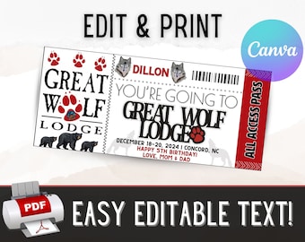 Editable Surprise Wolf Hotel Voucher | Printable Template | Editable Text | Instant Download | Easy to Use | Gift Travel | Boys or Girls
