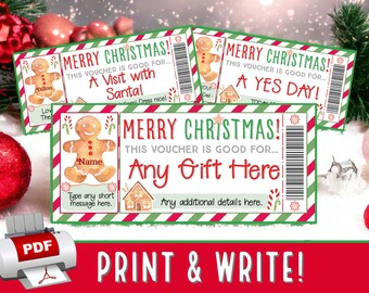 INSTANTLY PRINT & WRITE Gingerbread Man and House Christmas Voucher Coupon Gift Certificate Ticket | Girls Boys Printable pdf Template #28