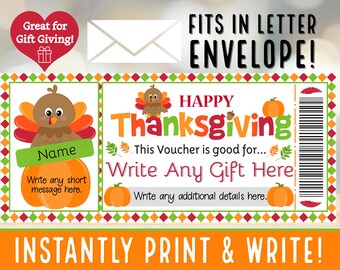 INSTANTLY PRINT & WRITE Cute Thanksgiving Turkey Gift Voucher Coupon Certificate | Fall Adult or Kids Gift Ideas | pdf Printable Gifts - #8