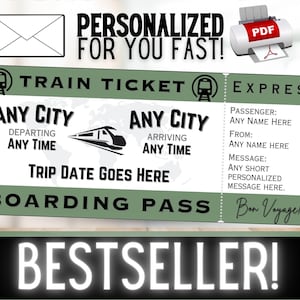 PERSONNALISÉ POUR VOUS Voyage en train, carte d'embarquement, billet cadeau souvenir | Bon cadeau d'idée d'anniversaire pour les vacances de Noël surprise | PDF imprimable
