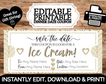 INSTANT EDITABLE Personalized Ice Cream Birthday Gift Certificate Coupon Voucher | Edit & Print Template | Valentines Day Kids, Teen Gifts